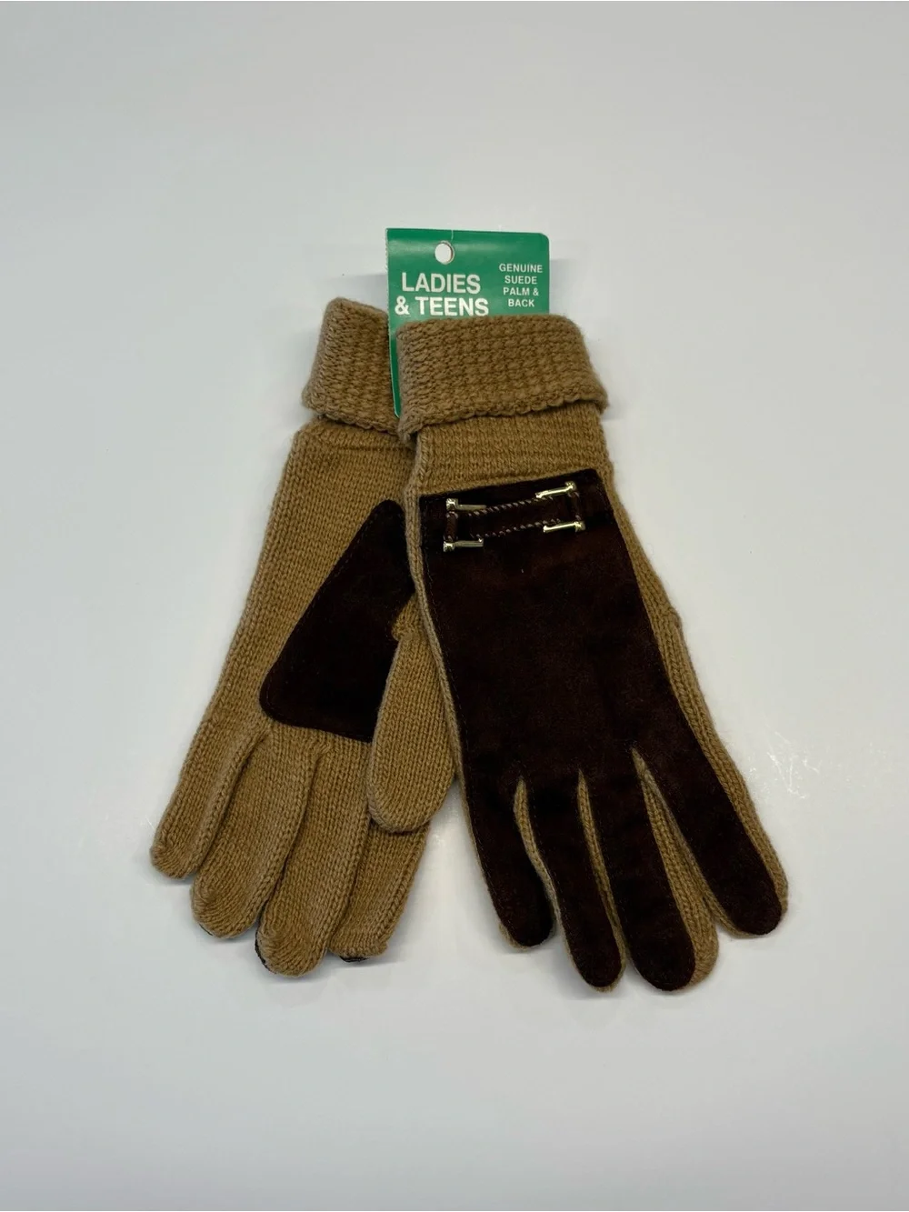 Vintage Deadstock Brown Knit and Genuine Suede Gloves NWT